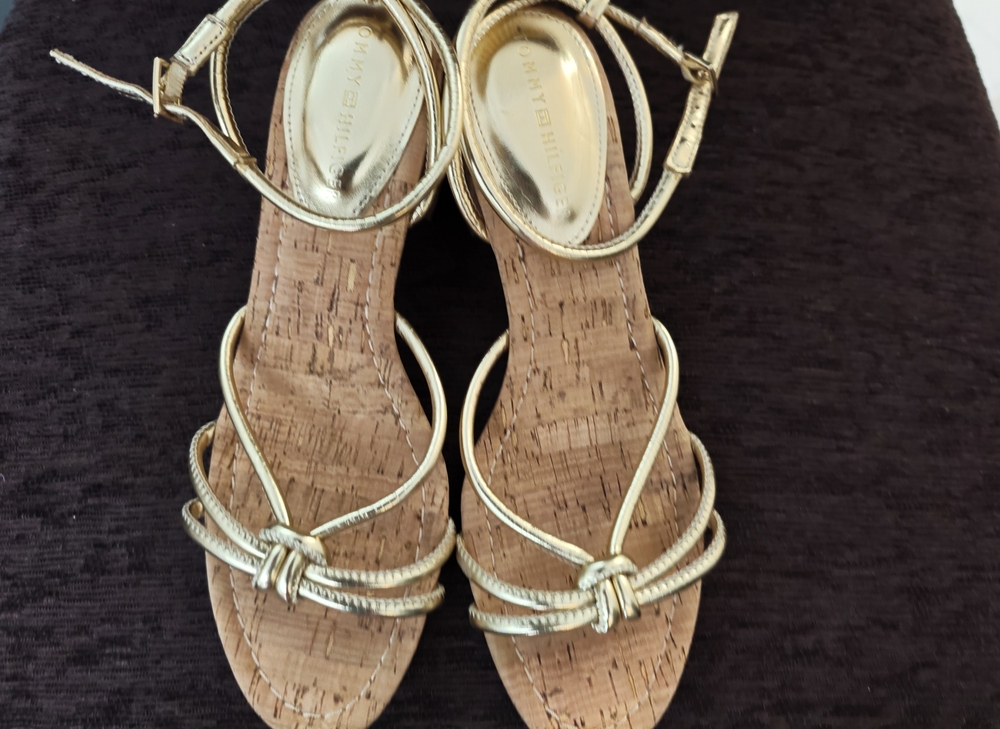 Tommy Hilfiger Metallic Gold Cork-Strap Ankle Tie Sandals